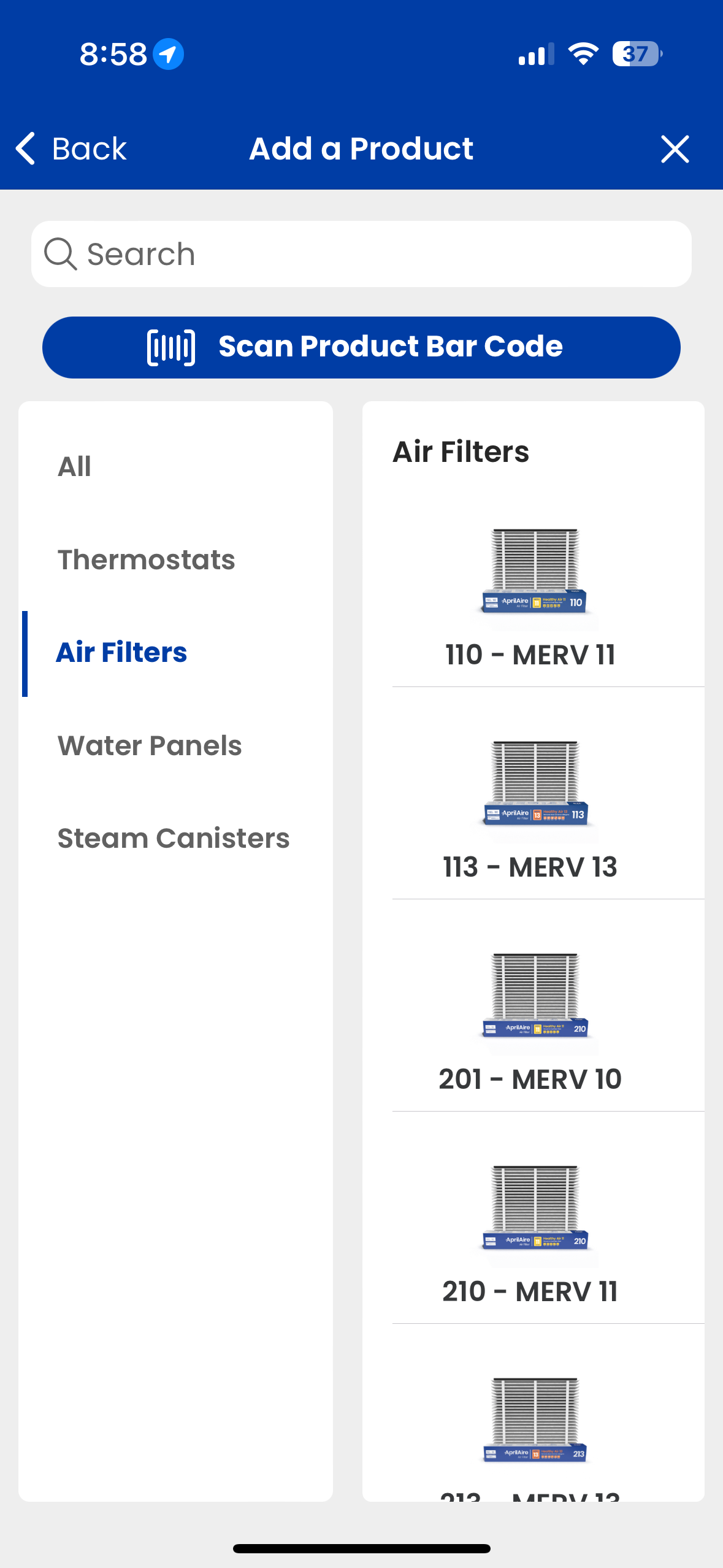 AprilAire App Guide   Add a Product   Air Filters