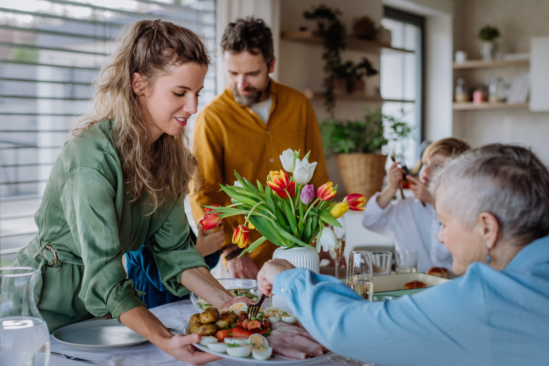 Family around a spring themed table